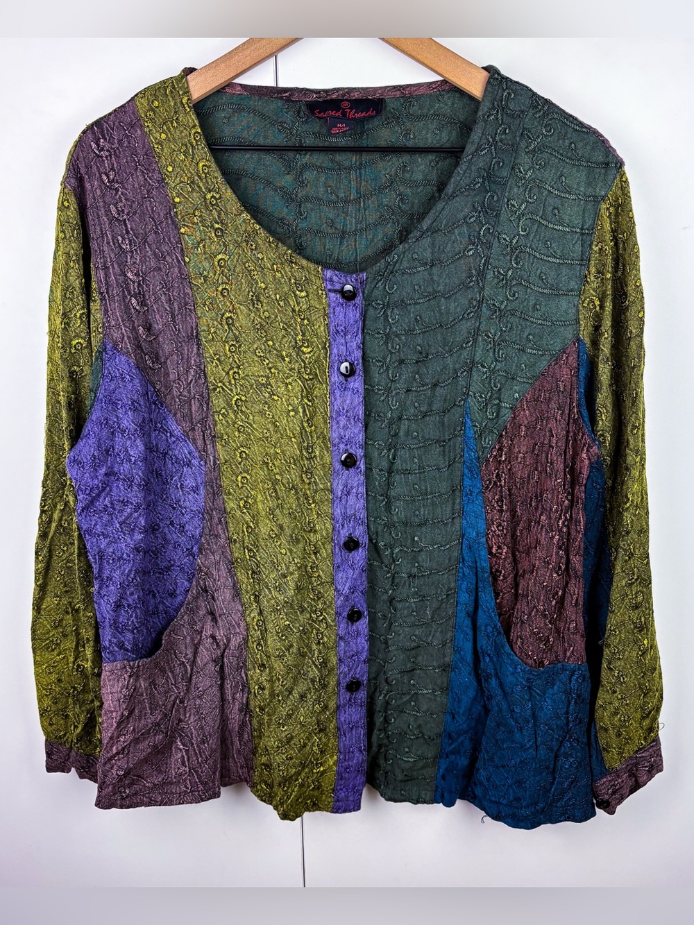 Vintage Floral Embroidered Colorblock Whimsigoth Boho India Button Down Top M/L